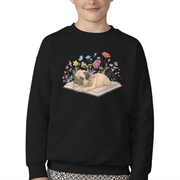 Color Floral Cute Pug Dog On Book Reading Bookworm Reader Youth Crewneck Sweatshirt