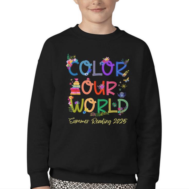 Color Our World Summer Reading 2025 Boho Wildflower Book Youth Crewneck Sweatshirt