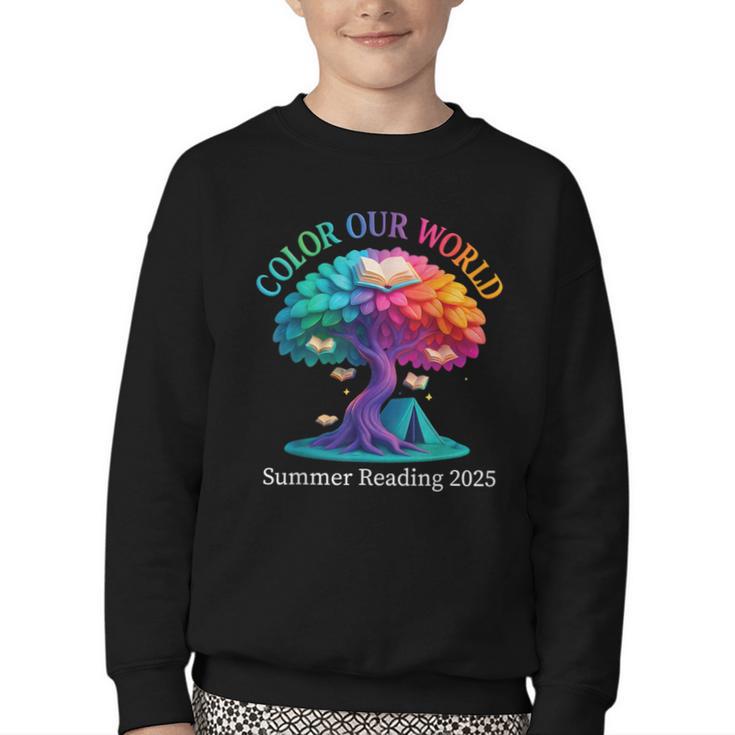 Color Our World Summer Reading 2025 Tree Book Lover Camping Youth Crewneck Sweatshirt