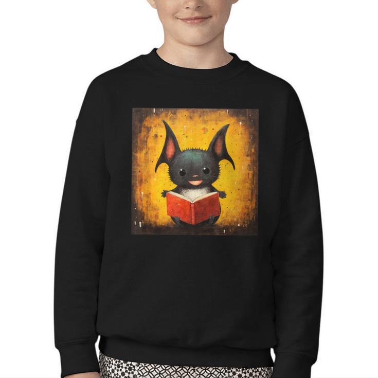 Colorful Sketch Oil Painting Of A Bat Reading Book Youth Crewneck Sweatshirt