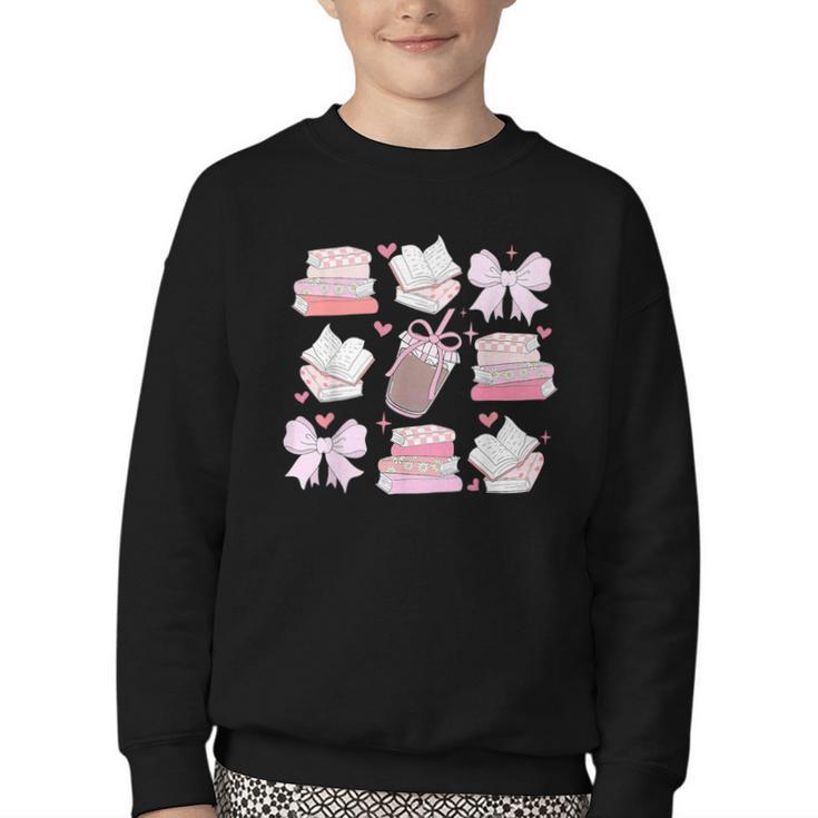 Coquette Bow Book Coffee Valentines Bookish Library Teacher Youth Crewneck Sweatshirt