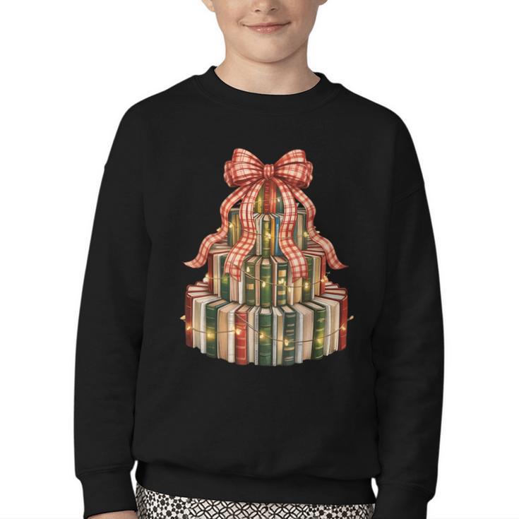 Coquette Christmas Book Tree Xmas Lights Librarian Teacher Youth Crewneck Sweatshirt