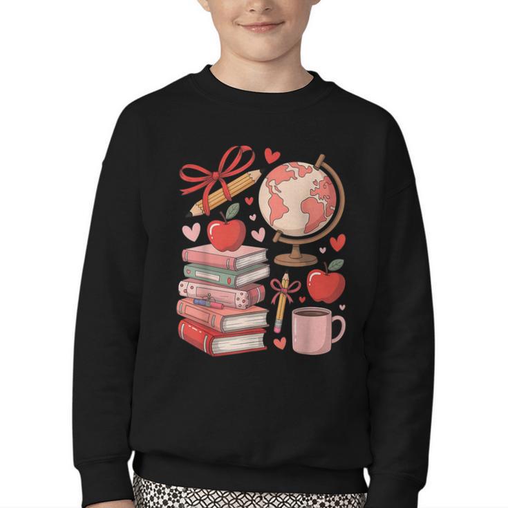 Coquette Teacher School Supplies Bows Books Globe Apple Cute Youth Crewneck Sweatshirt
