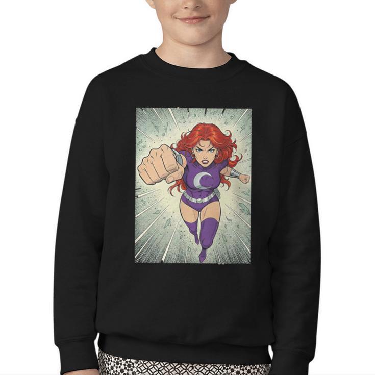 The Crimson Crescent 90s Retro Comic Book Superheroine Art Youth Crewneck Sweatshirt