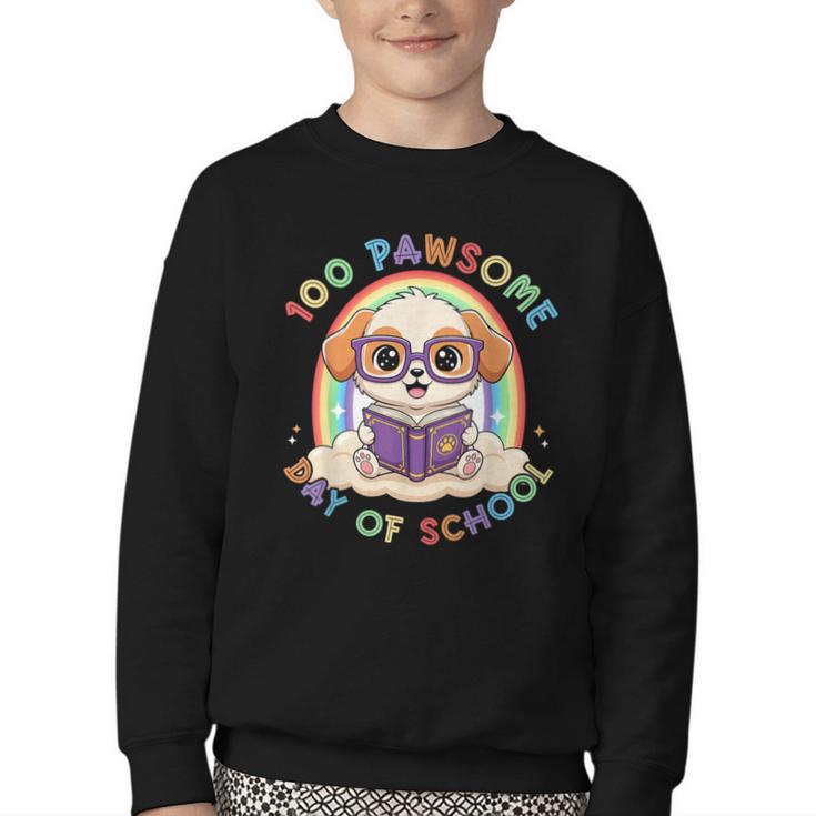 Cute 100th Day Of School 100 Days Dog Reading Book Rainbow Youth Crewneck Sweatshirt