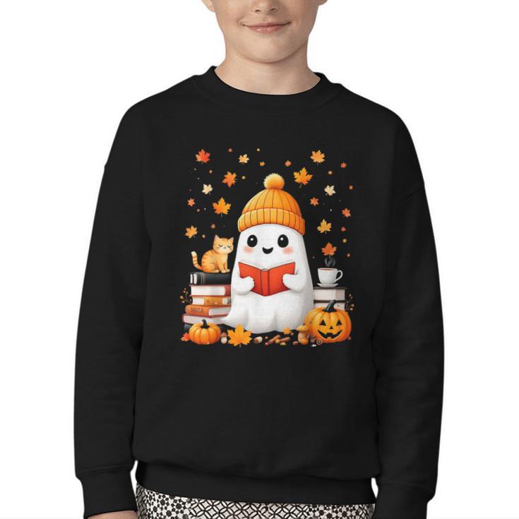Cute Beanie Ghost Bookworm Cozy Book Reading Halloween Youth Crewneck Sweatshirt
