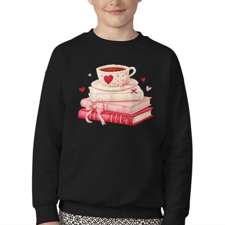 Cute Books And Coffee Crochet Valentines Day Tee For Couples Youth Crewneck Sweatshirt