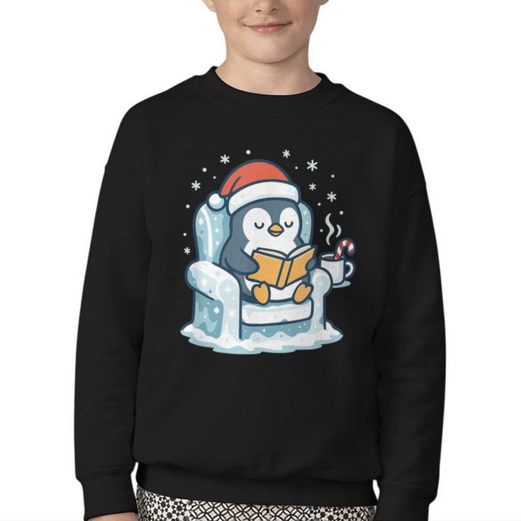 Cute Christmas Penguin Reading Book Cozy Winter Holiday Art Youth Crewneck Sweatshirt