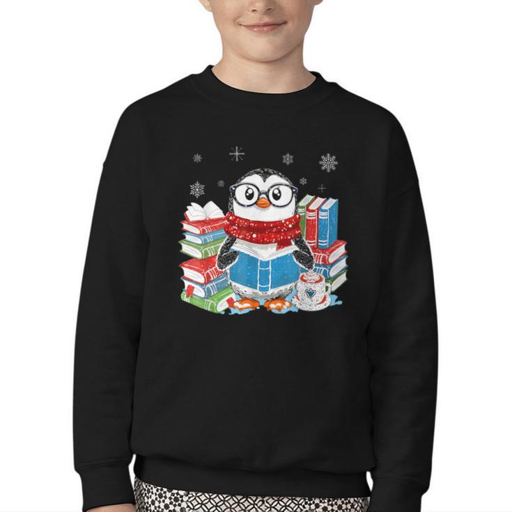 Cute Christmas A Penguin Reading Book Snowflake Hot Teacher Youth Crewneck Sweatshirt