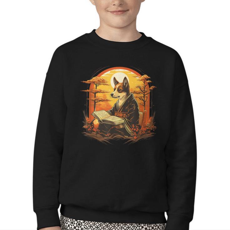 Cute Corgi Dog In Japanese Kimono With Book Men Women Girls Kids Youth Crewneck Sweatshirt