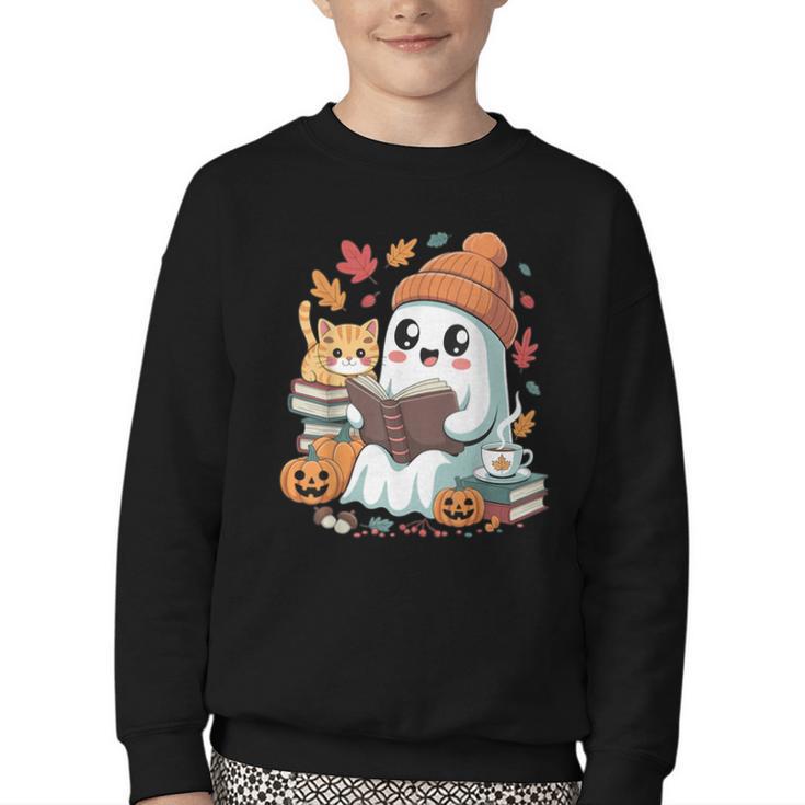 Cute Cozy Ghost Reading With Cat Book Lover Autumn Fall Youth Crewneck Sweatshirt