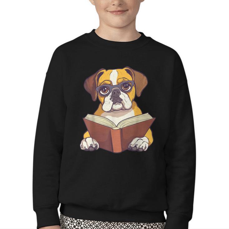 Cute Dog Boxer Reading Book Youth Crewneck Sweatshirt