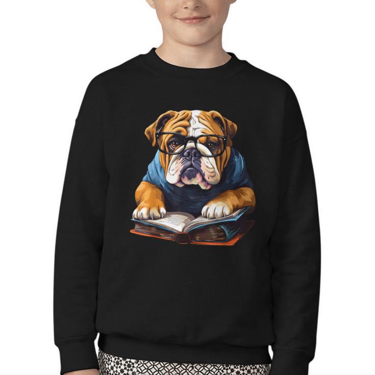 Cute Dog English Bulldog Reading Book Youth Crewneck Sweatshirt