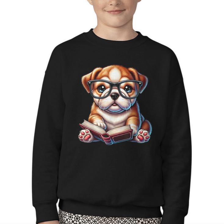 Cute Dog Puppy English Bulldog Reading Book Youth Crewneck Sweatshirt