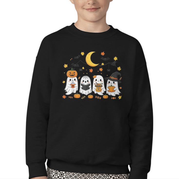 Cute Ghost Drinking Coffee Halloween Fall Ghost Book Reading Youth Crewneck Sweatshirt