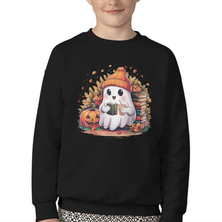 Cute Ghost Drinking Coffee Halloween Reading Book Retro Youth Crewneck Sweatshirt