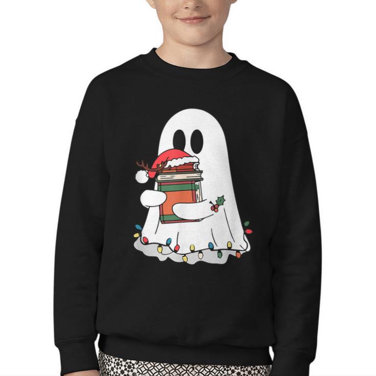 Cute Ghost Holding Books Bookish Christmas Youth Crewneck Sweatshirt