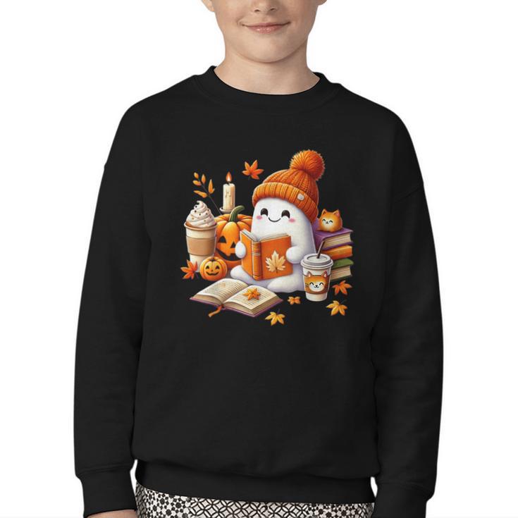 Cute Ghost Reading Book Lovers Halloween Pumpkin Women Girls Youth Crewneck Sweatshirt