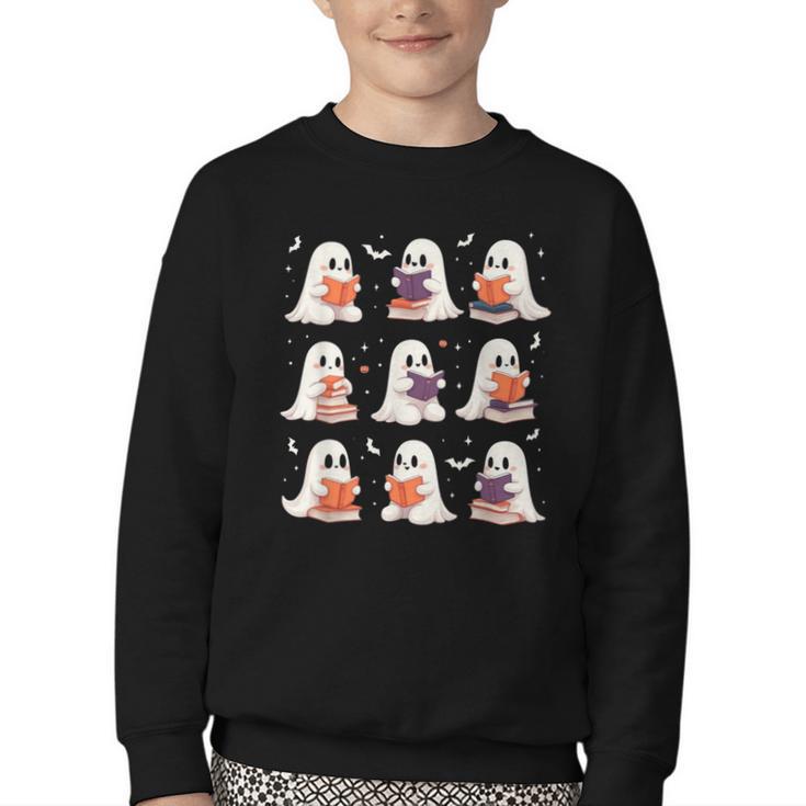 Cute Ghost Reading Book Lovers Halloween Ghost Youth Crewneck Sweatshirt