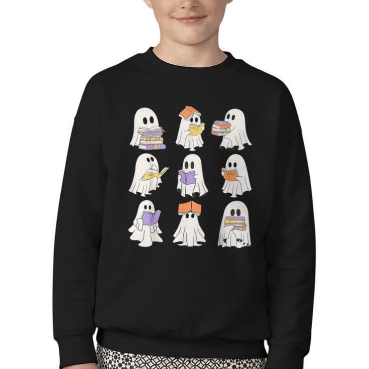 Cute Ghost Reading Books Teacher Halloween Reading Men Women Kids Youth Crewneck Sweatshirt