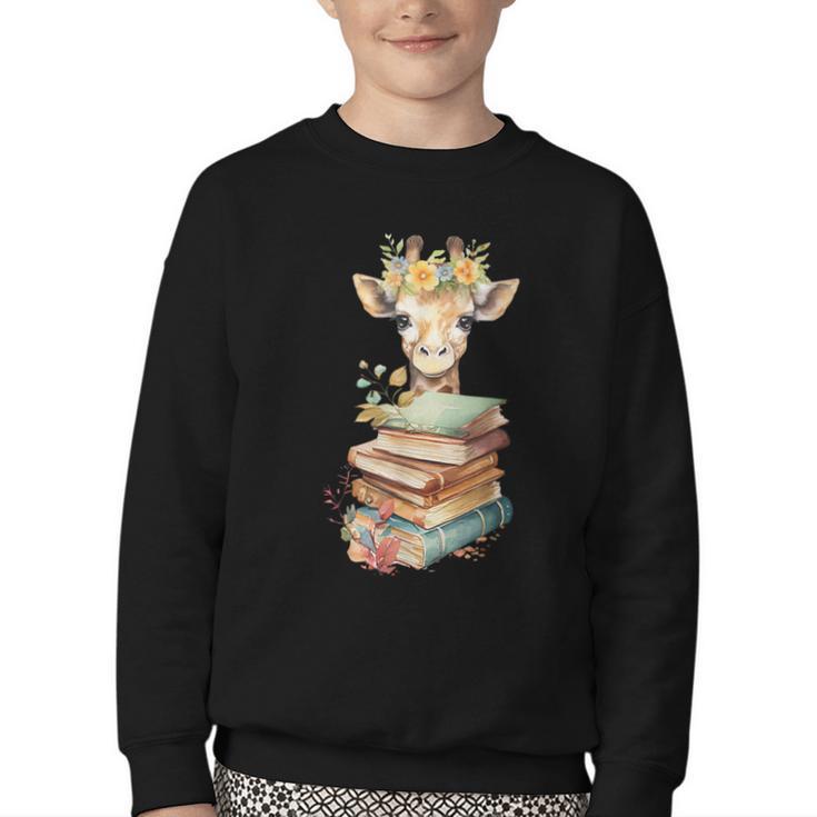 Cute Giraffe With Book Floral Bookworm Librarian Book Lover Youth Crewneck Sweatshirt