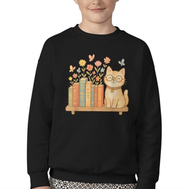 Cute Kawaii Cat Books Flowers Youth Crewneck Sweatshirt