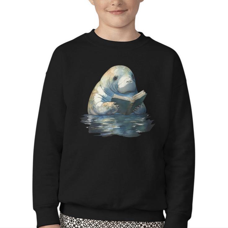 Cute Manatee Reading Book Bookworm Readers Manatee Lover Youth Crewneck Sweatshirt