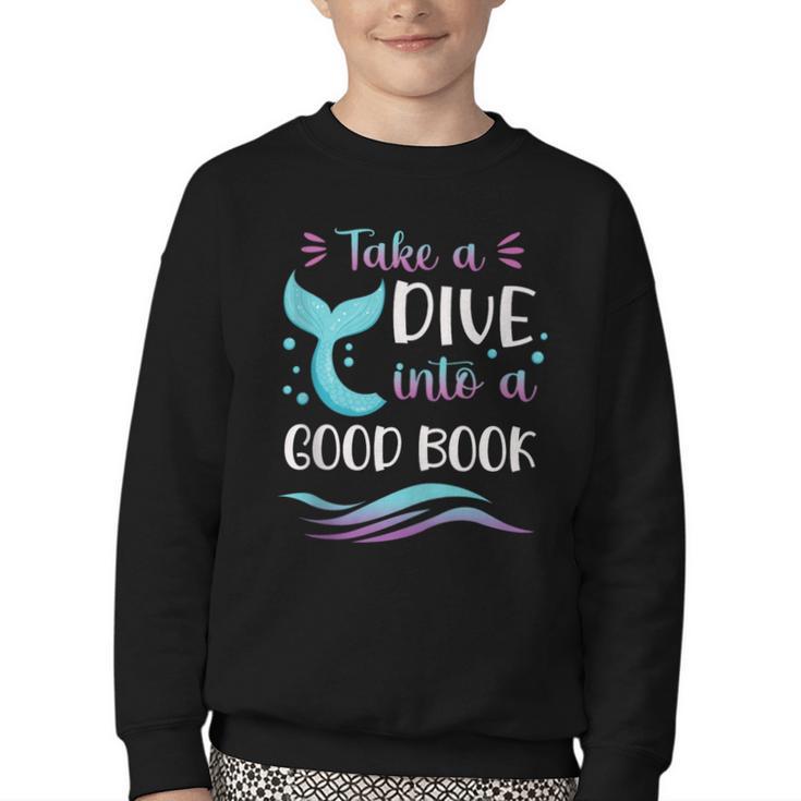 Cute Mermaid Librarian Teacher Dive Into A Good Book Reading Youth Crewneck Sweatshirt