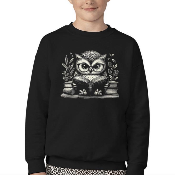 Cute Owl Reading Book Graphic Art Youth Crewneck Sweatshirt