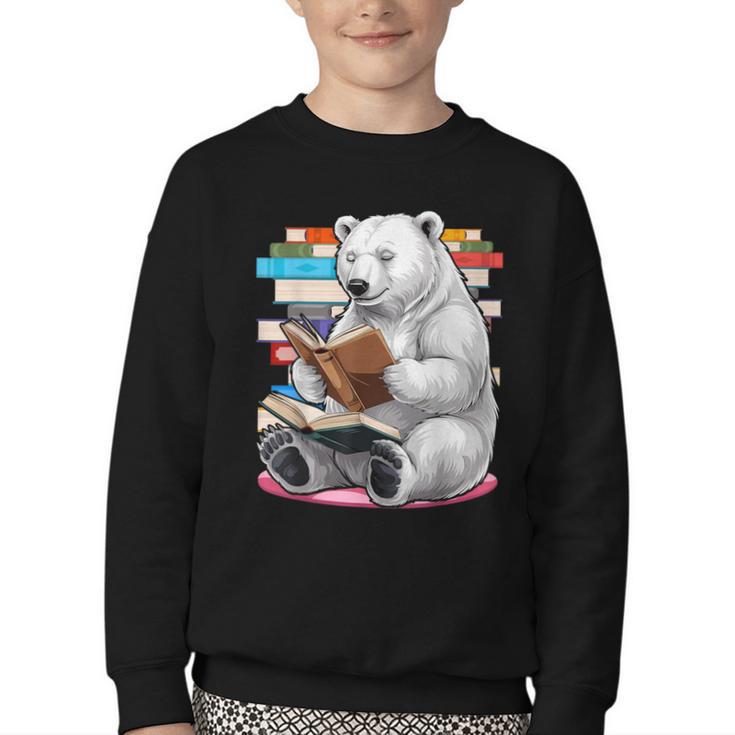 Cute Polar Bear Is Reading a Book Reading Polar Bear Youth Crewneck Sweatshirt
