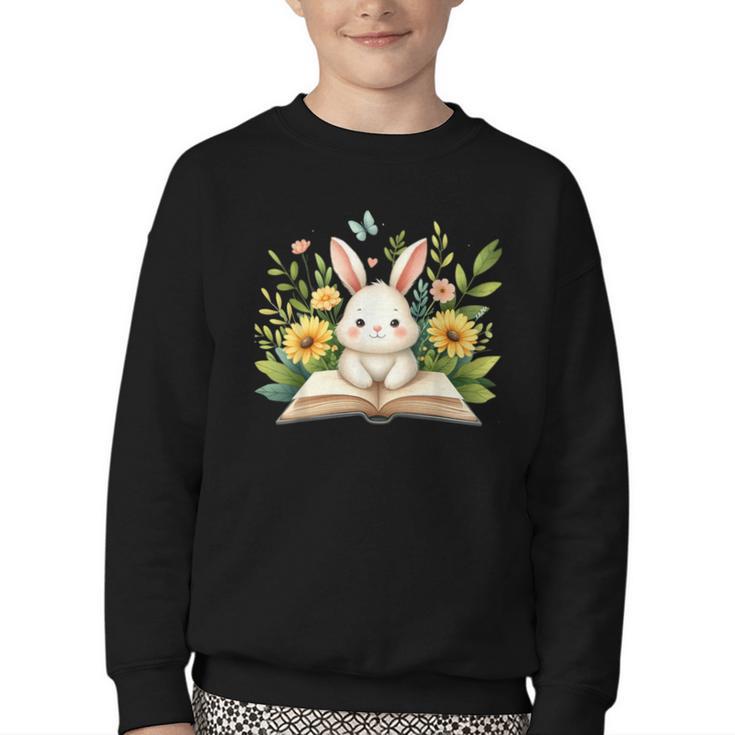 Cute Rabbit And Book Women Girls Reading Book Rabbit Lover Youth Crewneck Sweatshirt