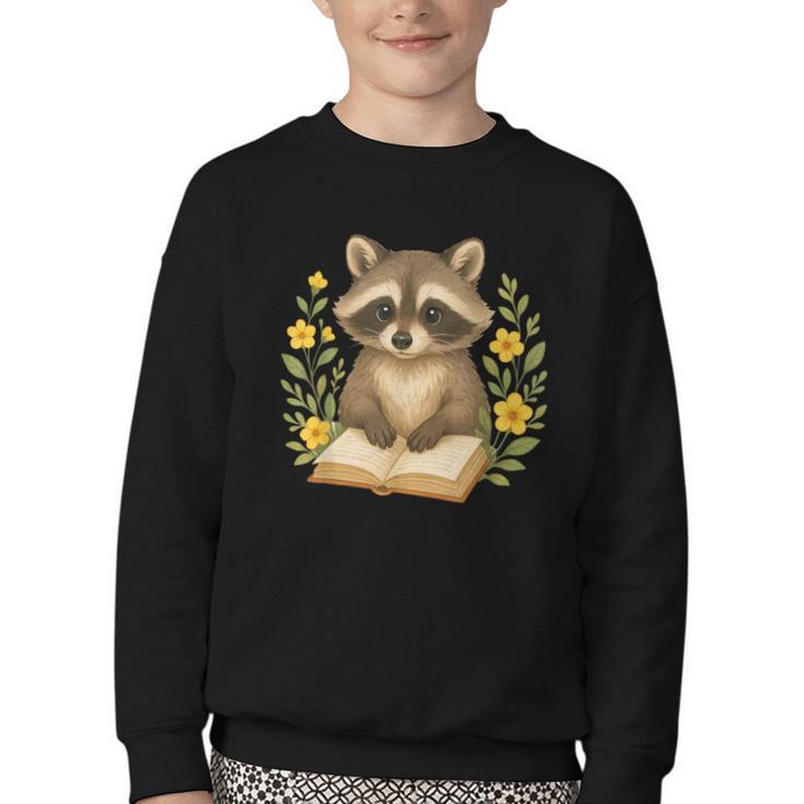 Cute Raccoon Reading Book Flowers Floral Youth Crewneck Sweatshirt