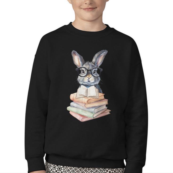 Cute Reading Bunny With Glasses Books Reader Book Bookworm Youth Crewneck Sweatshirt