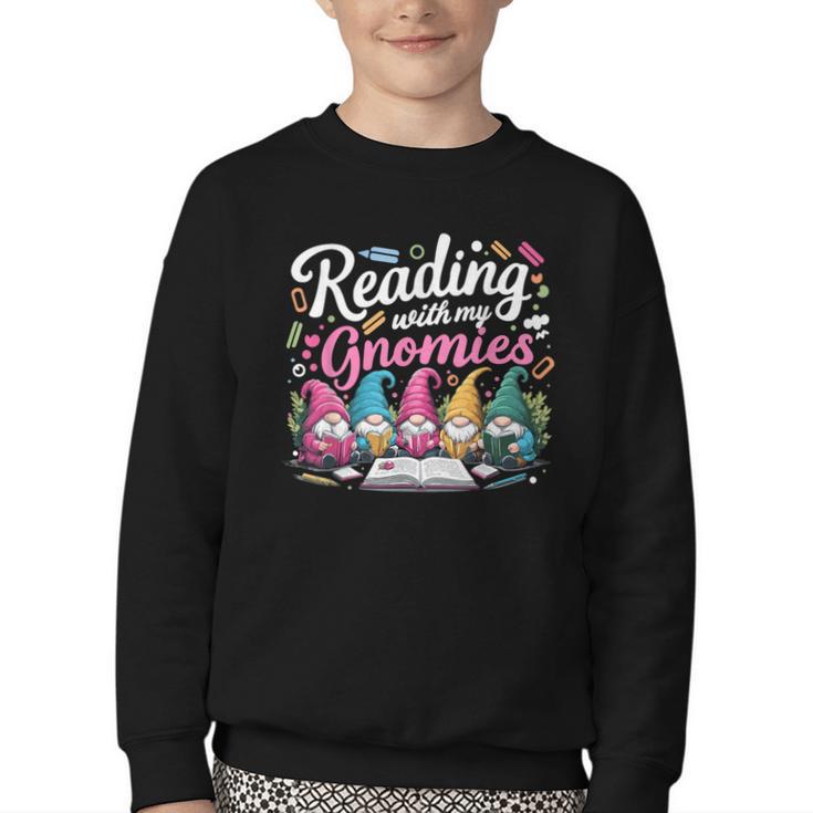 Cute Reading With My Gnomies Gnome Book Bookworm Lover Youth Crewneck Sweatshirt