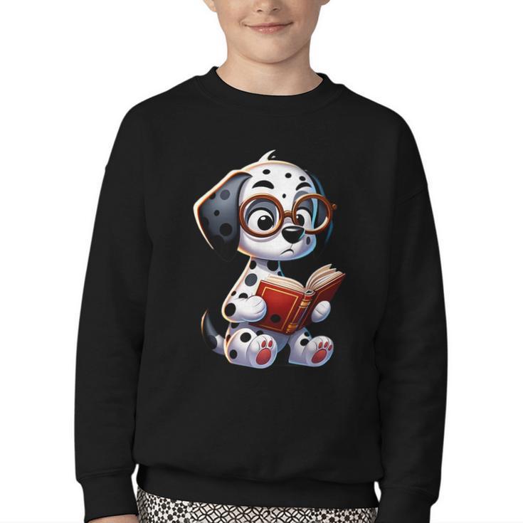 Dalmatian Reading a Book Dog Youth Crewneck Sweatshirt