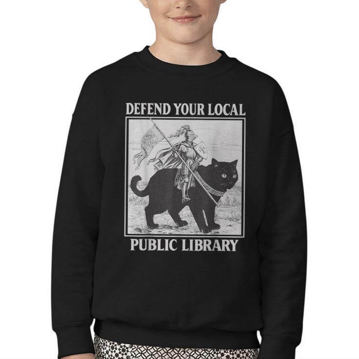 Defend Your Local Library Knight Cat Rider Book Lover Youth Crewneck Sweatshirt