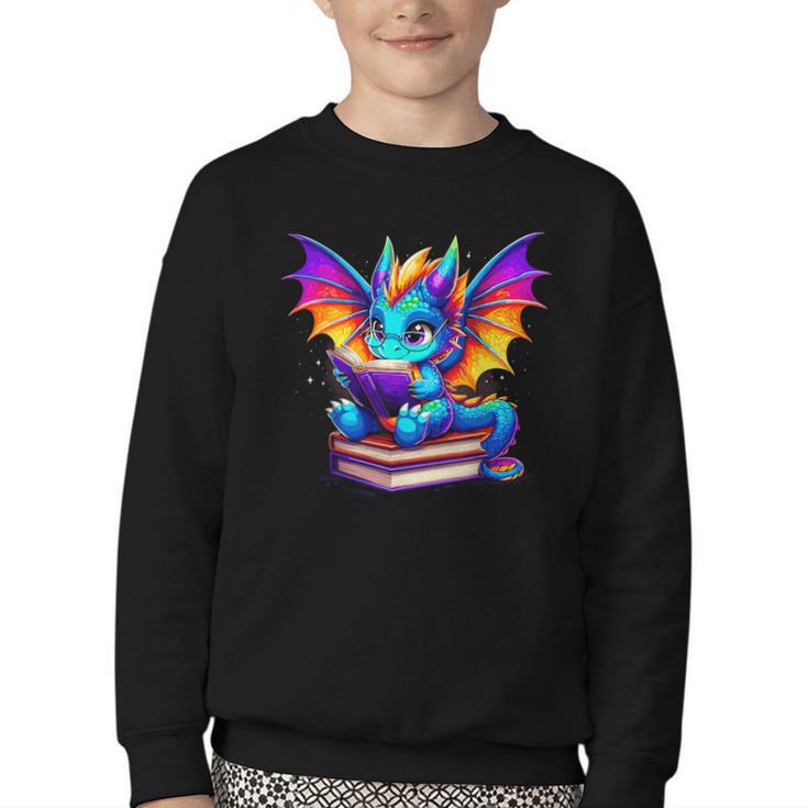 Dragon Reading a Book Bookworm Book Youth Crewneck Sweatshirt