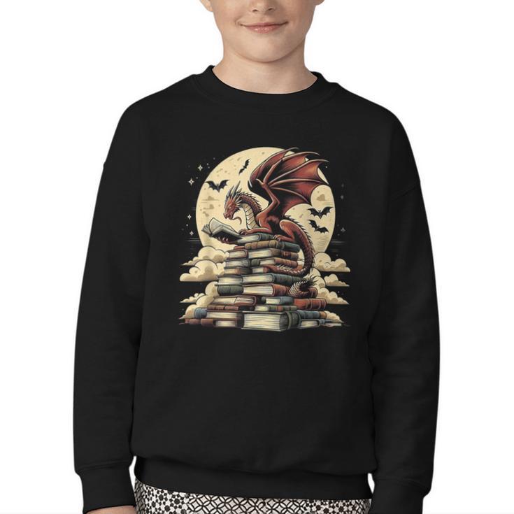 Dragon Reading a Book Dragons And Books Lover Bookworm Youth Crewneck Sweatshirt
