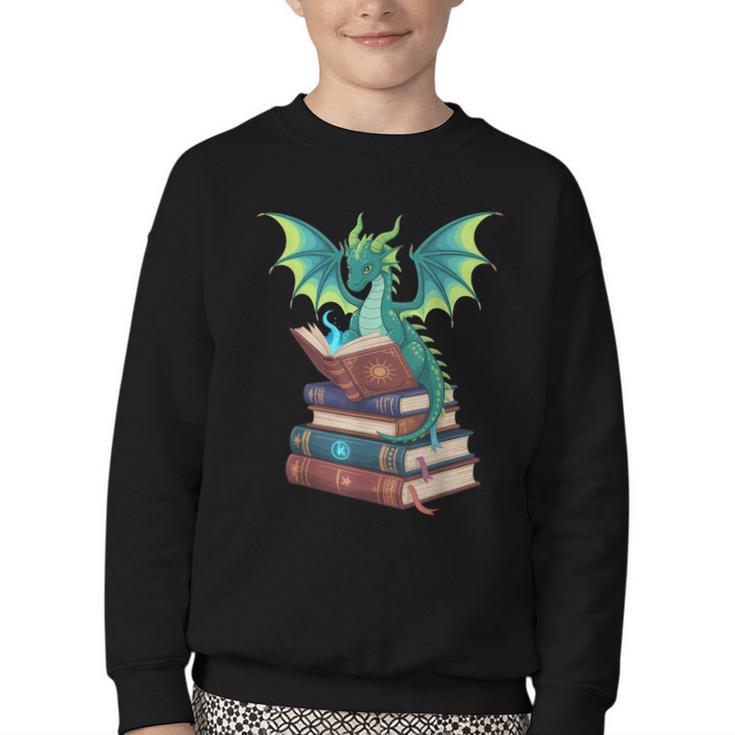 Dragon Reading Books Fantasy Lovers Mythical Creatures Youth Crewneck Sweatshirt