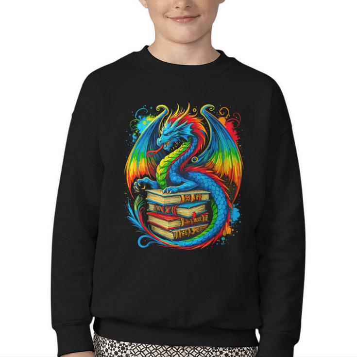 Dragon Reading Colorful Fantasy Book Lover Youth Crewneck Sweatshirt