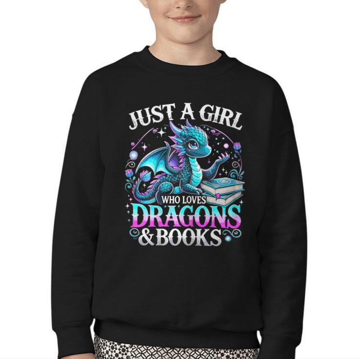 Dragon Reading Just A Girl Who Loves Dragons And Books Youth Crewneck Sweatshirt