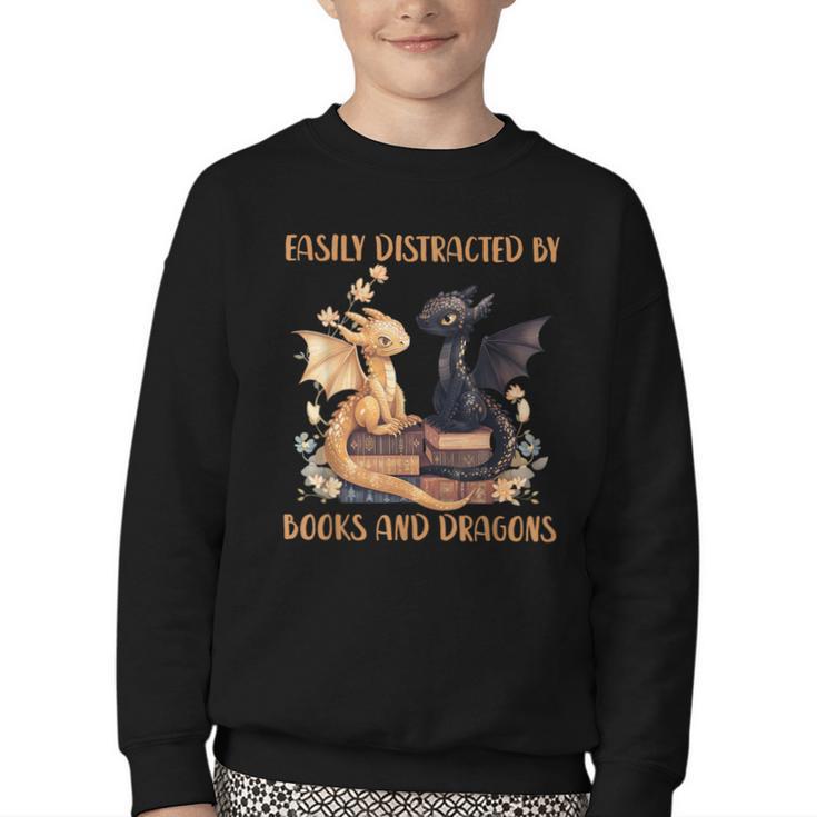Easily Distracted By Books & Dragons Librarian Book Lover Youth Crewneck Sweatshirt