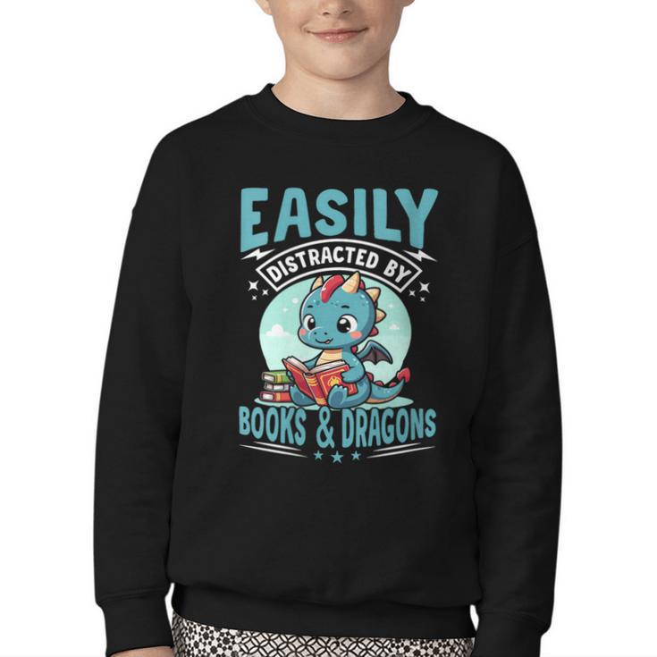 Easily Distracted By Books And Dragons Nerds Youth Crewneck Sweatshirt