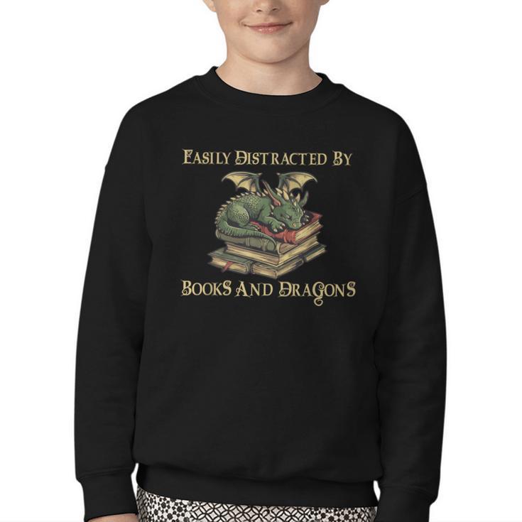 Easily Distracted By Books And Dragons Graphic Youth Crewneck Sweatshirt