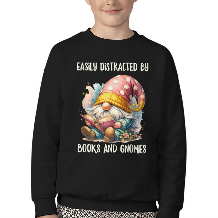 Easily Distracted By Books And Gnomes Book Reading Gnome Youth Crewneck Sweatshirt