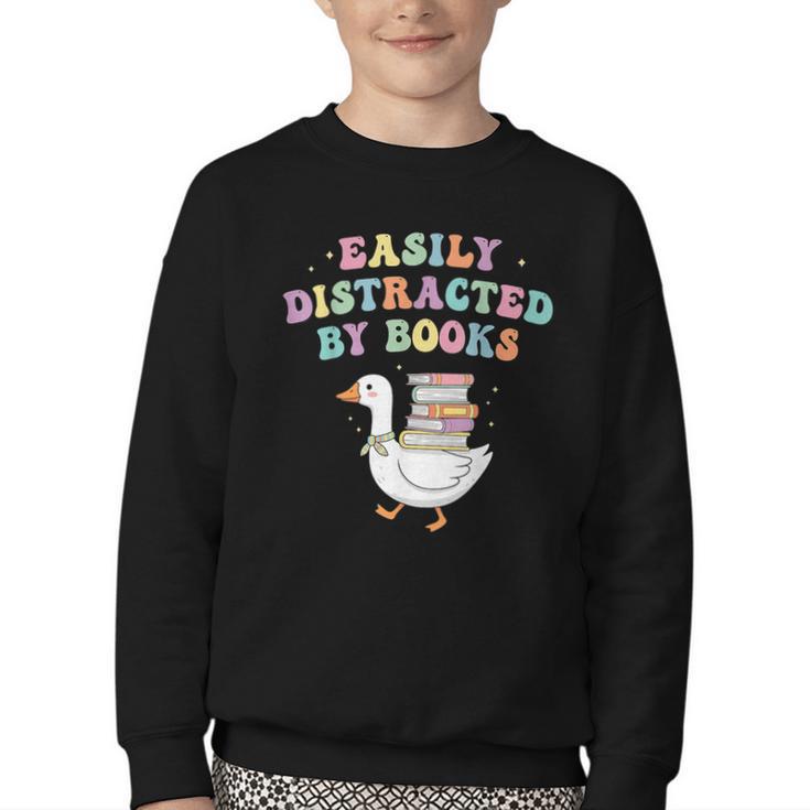Easily Distracted By Books Silly-Goose Bookish Library Read Youth Crewneck Sweatshirt