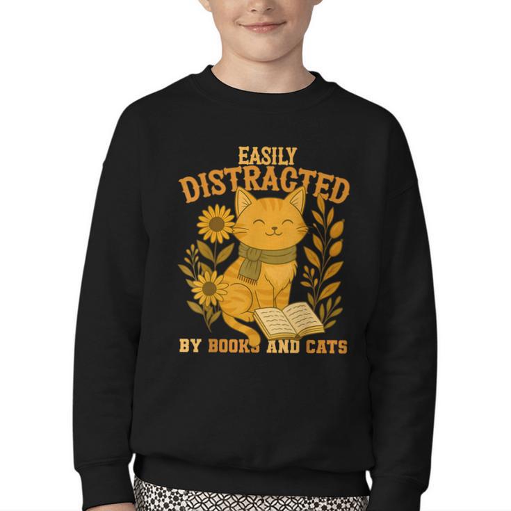 Easily Distracted By Cats And Books Cute Cat Book Lover Youth Crewneck Sweatshirt