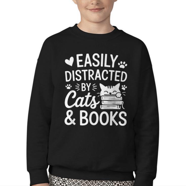 Easily Distracted By Cats And Books Reading Apparel Youth Crewneck Sweatshirt