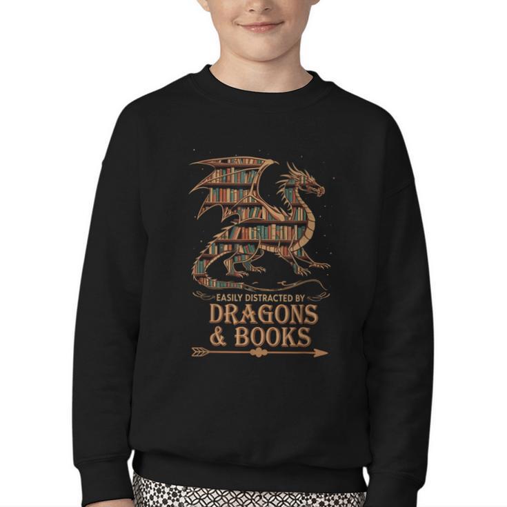 Easily Distracted By Dragons And Books Library Dragon Lover Youth Crewneck Sweatshirt