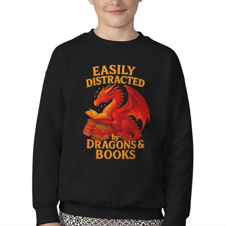 Easily Distracted By Dragons And Books Reading Youth Crewneck Sweatshirt